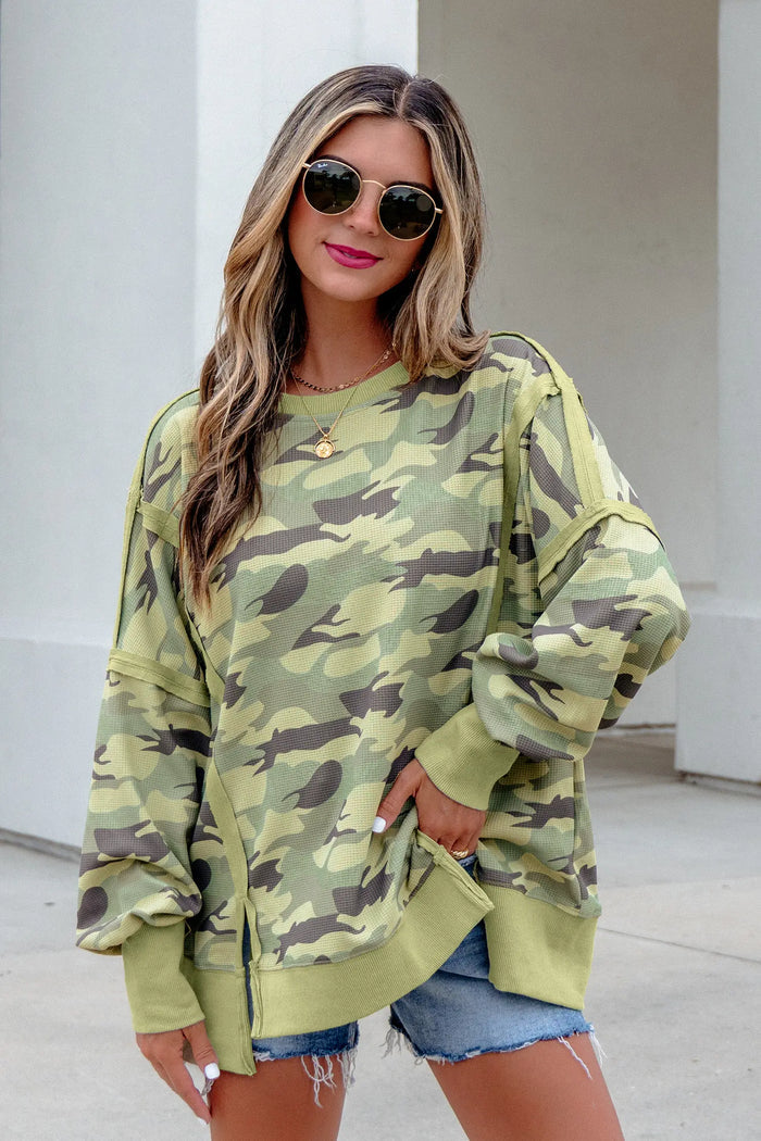 Camouflage Waffle Knit Raw Edge Contrast Trim Oversized Long Sleeve Top – Green
