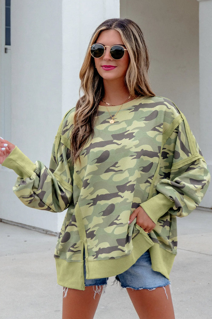 Camouflage Waffle Knit Raw Edge Contrast Trim Oversized Long Sleeve Top – Green