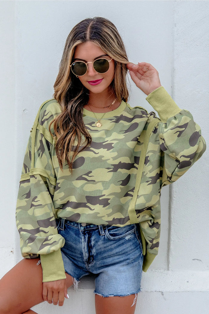 Camouflage Waffle Knit Raw Edge Contrast Trim Oversized Long Sleeve Top – Green