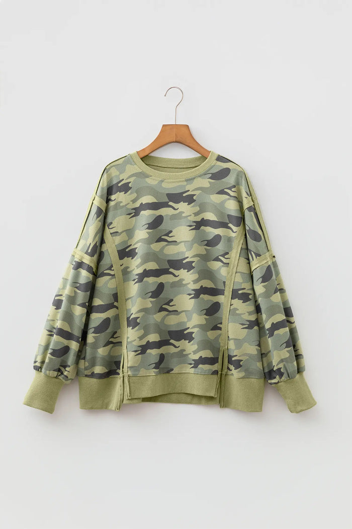 Camouflage Waffle Knit Raw Edge Contrast Trim Oversized Long Sleeve Top – Green