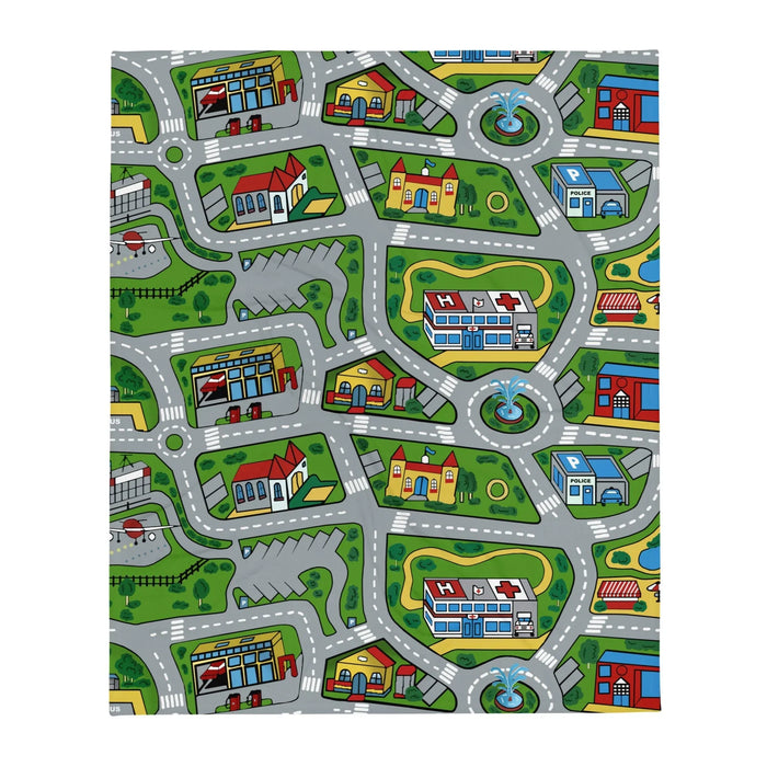 This cozy blanket transforms a classic toy car playmat into soft home decor, featuring a bird's-eye view of a cartoon metropolis. Contact us with accessibility feedback, we'd love to help!