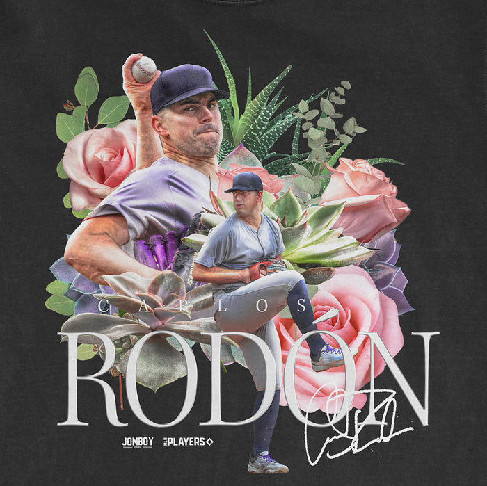 A promotional image featuring Carlos Rodón in a Comfort Colors tee, with floral and baseball elements, and his autograph.