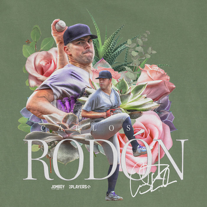 Carlos Rodon in a baseball uniform, surrounded by flowers and greenery, with text and signature overlay on a green background.