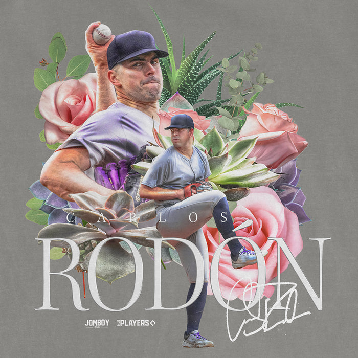 A graphic design featuring baseball player Carlos Rodón, surrounded by flowers, with his name and autograph on a Comfort Colors tee.