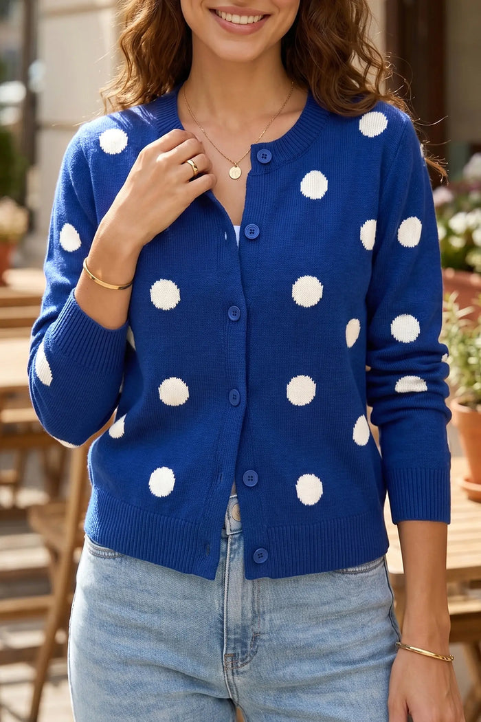 Casual Polka Dot Button Front Long Sleeve Sweater Cardigan – Bluing