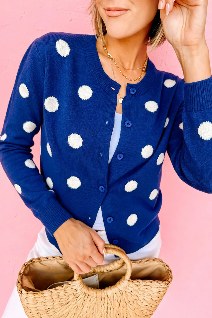 Casual Polka Dot Button Front Long Sleeve Sweater Cardigan – Bluing
