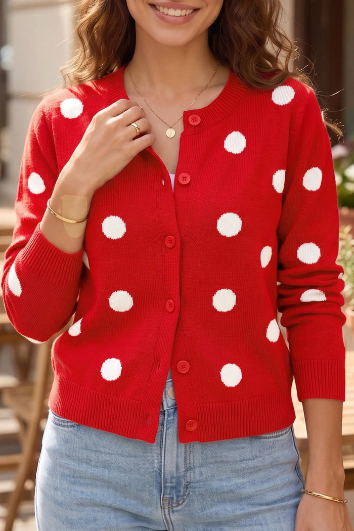 Casual Polka Dot Button Front Long Sleeve Sweater Cardigan – Bluing