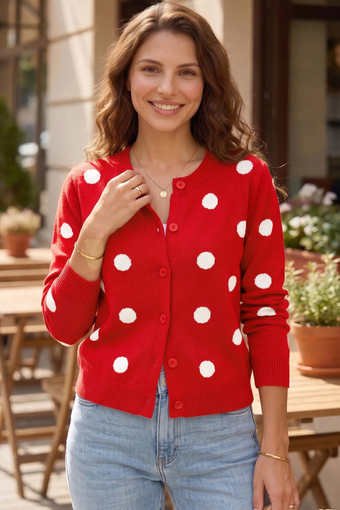 Casual Polka Dot Button Front Long Sleeve Sweater Cardigan – Bluing