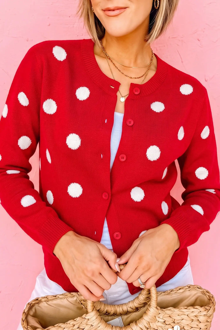 Casual Polka Dot Button Front Long Sleeve Sweater Cardigan – Bluing
