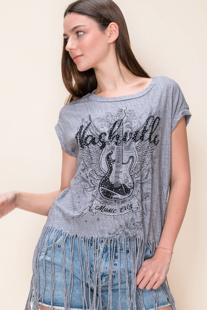 Charcoal short sleeve graphic tee with a rhinestone Nashville guitar design and long fringe hem.