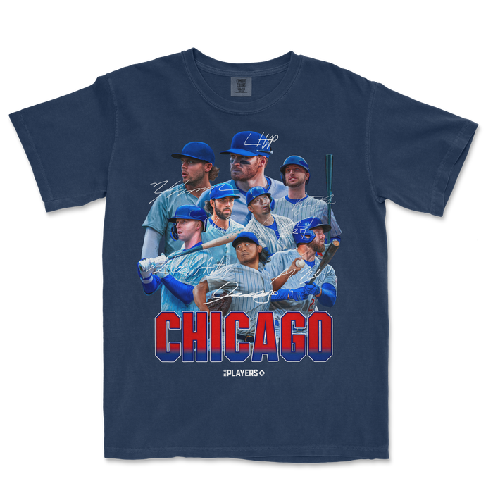 Blue Comfort Colors T-shirt featuring a Chicago baseball team graphic with players, signatures, and bold "CHICAGO" text.