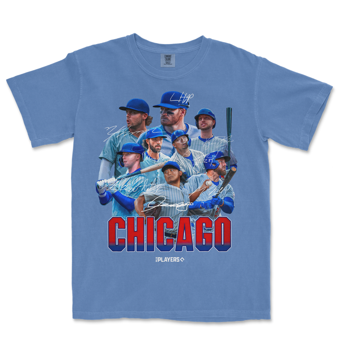Blue Comfort Colors T-shirt featuring a Chicago baseball team graphic with multiple players, signatures, and bold "CHICAGO" text.