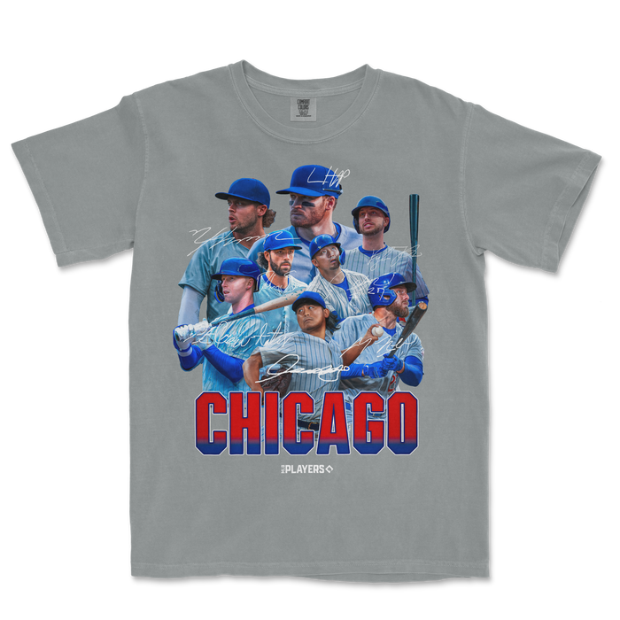 Gray Comfort Colors T-shirt featuring a Chicago baseball team graphic with multiple players, signatures, and bold "CHICAGO" text.