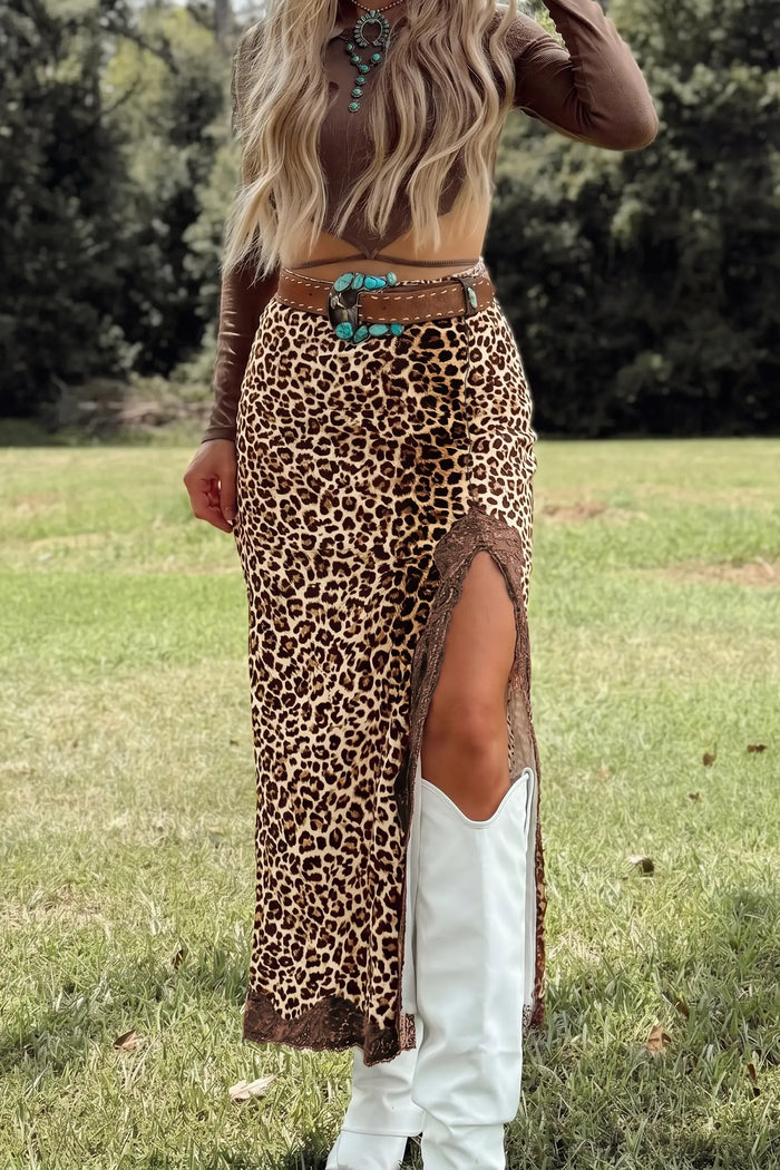 Cheetah Print Trim Split Long Western Skirt – Khaki