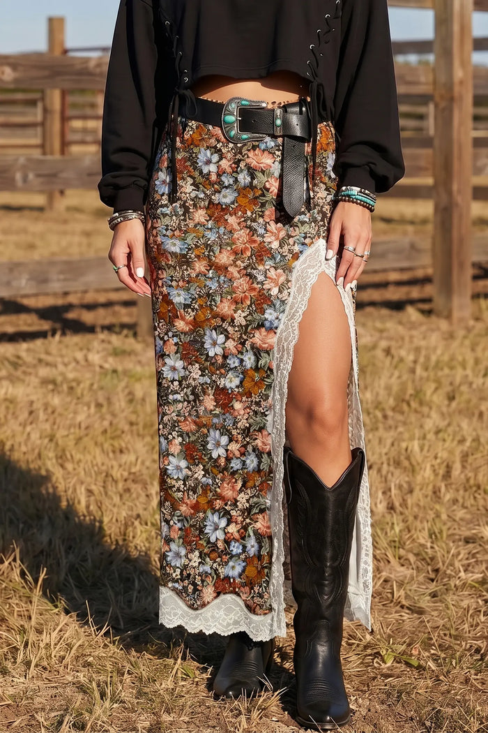 Cheetah Print Trim Split Long Western Skirt – Multicolour