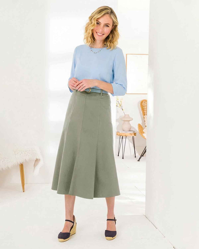 Chino Pure Cotton Twill Flared Skirt - Olive - The Classic Boutique