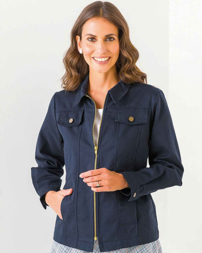 Chino Pure Cotton Twill Ladies Zip Jacket - Navy - The Classic Boutique