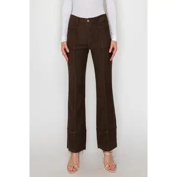 Chocolate brown high rise bootcut jeans with front pockets and subtle front seam detail.