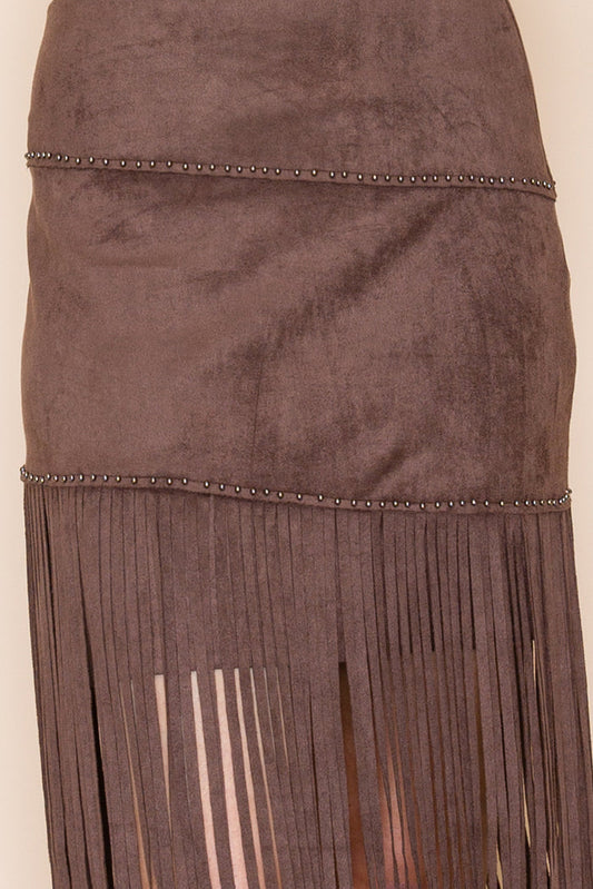 Chocolate brown faux suede skirt with studded trim and tiered long fringe layered from mid-thigh to below the knee.