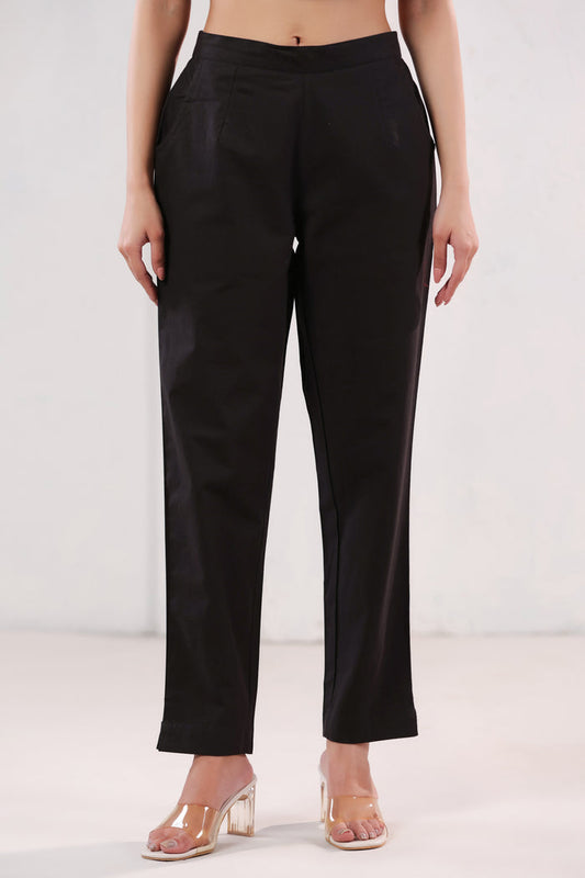Classic Solid Dark Black Ankle Length Cotton Pants
