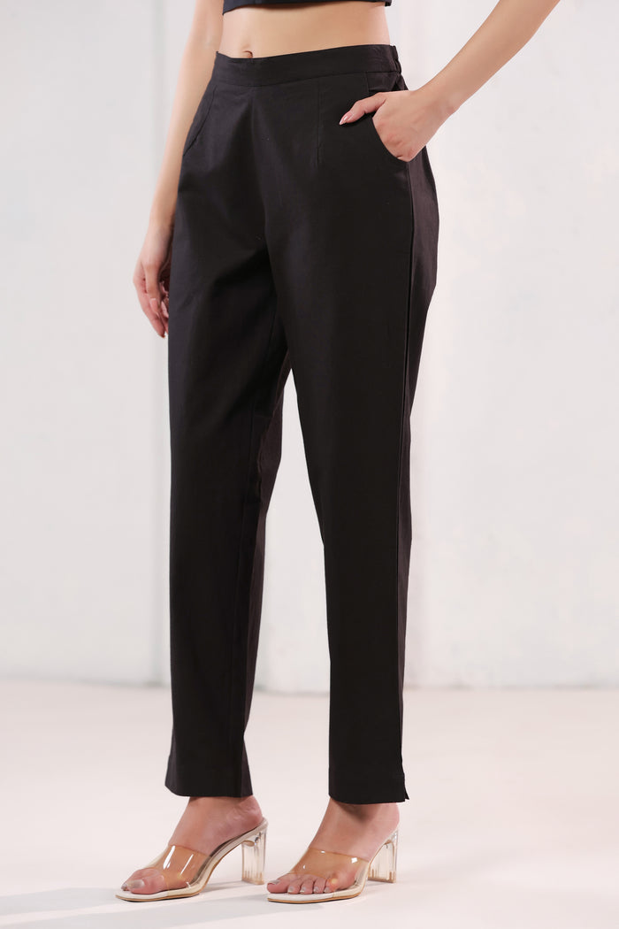 Classic Solid Dark Black Ankle Length Cotton Pants