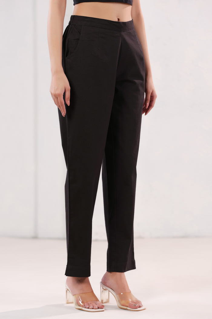 Classic Solid Dark Black Ankle Length Cotton Pants