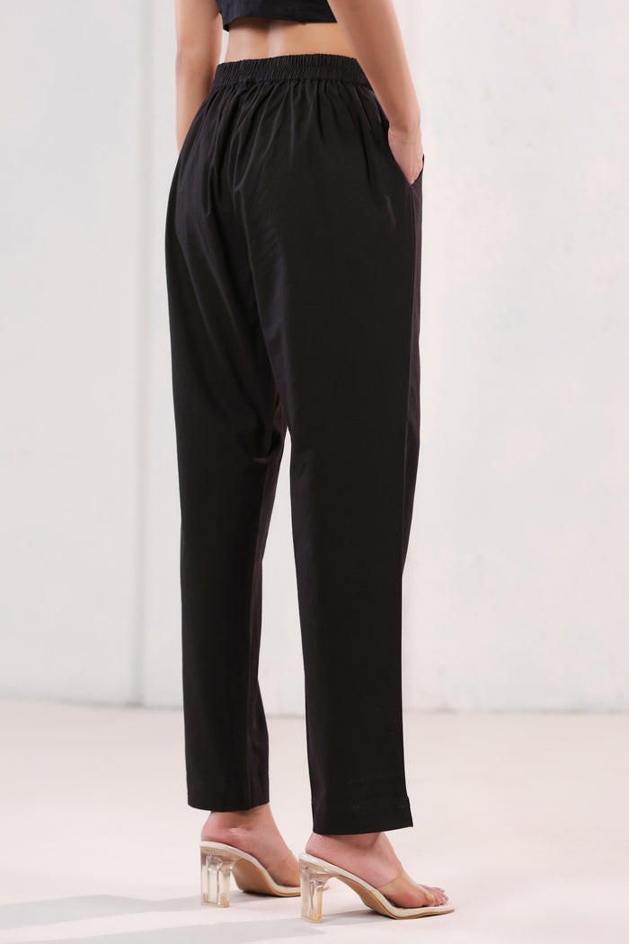 Classic Solid Dark Black Ankle Length Cotton Pants