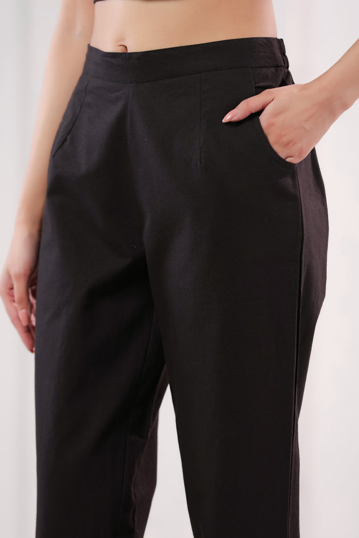 Classic Solid Dark Black Ankle Length Cotton Pants