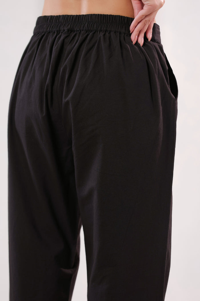 Classic Solid Dark Black Ankle Length Cotton Pants