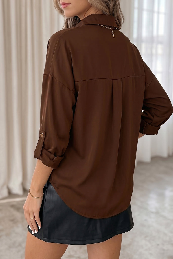 Coffee Multi Button Decoration Tab Long Sleeve Casual Shirt – Brown