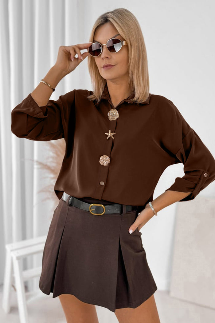 Coffee Multi Button Decoration Tab Long Sleeve Casual Shirt – Brown