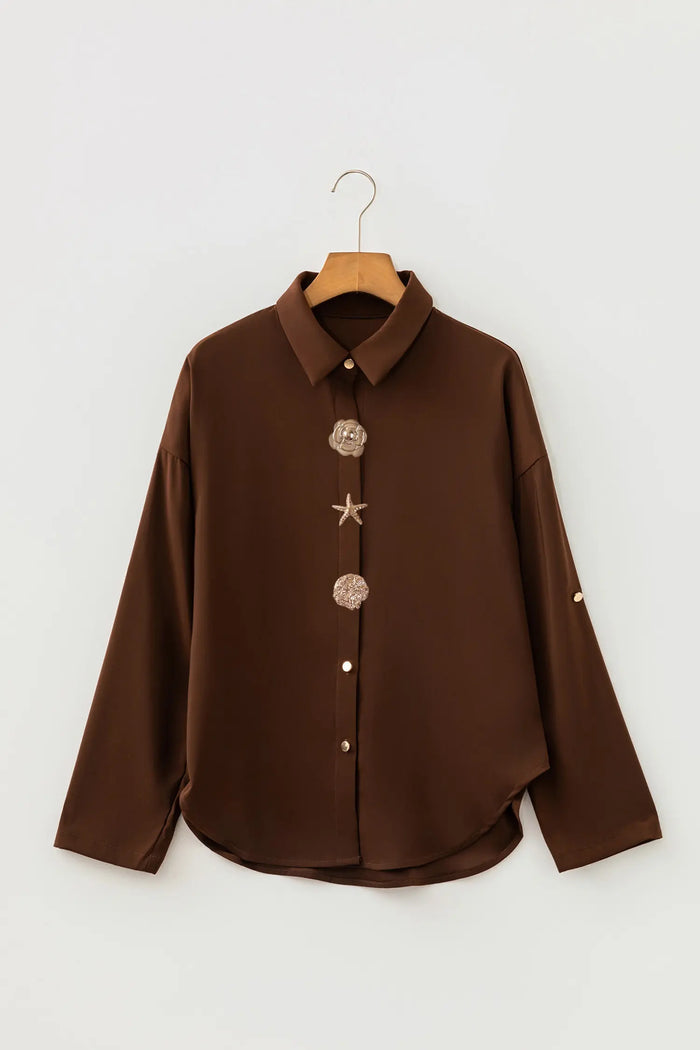 Coffee Multi Button Decoration Tab Long Sleeve Casual Shirt – Brown