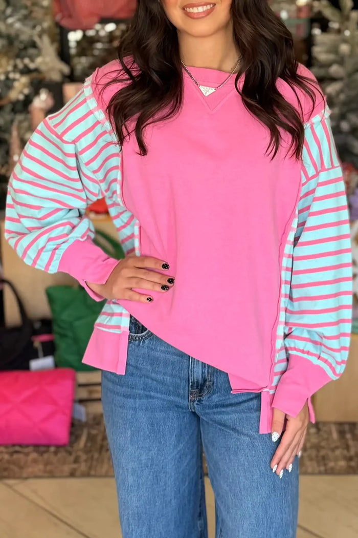 Color Block Patchwork Relaxed Split Long Sleeve Top – Rose Stripe