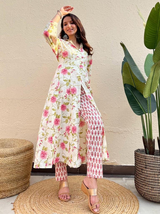 Cotton Coord Set- White Pink Floral