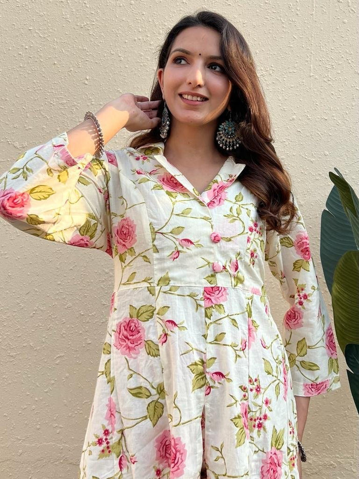 Cotton Coord Set- White Pink Floral