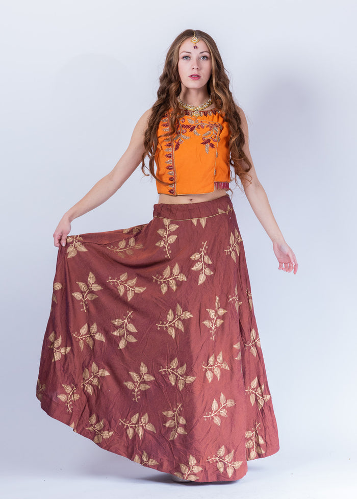 Cotton Silk Cinnamon Brown Block printed Lehenga With embroidered Crop Top