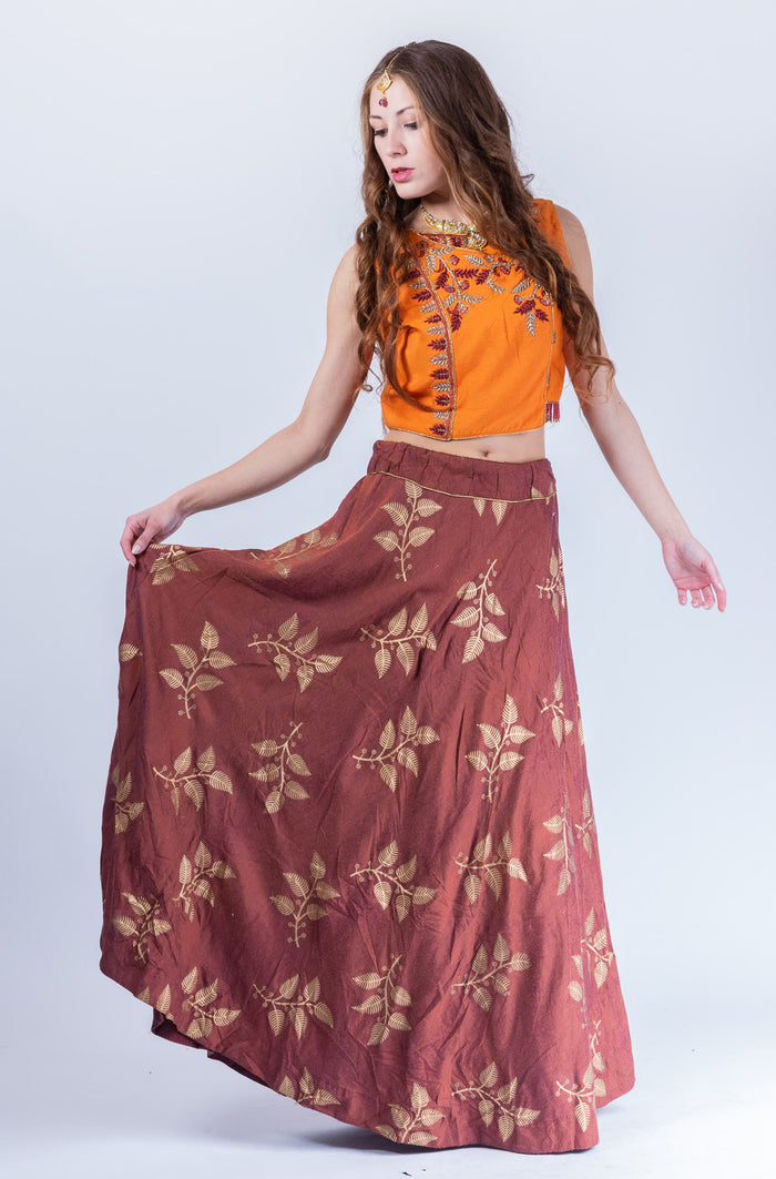 Cotton Silk Cinnamon Brown Block printed Lehenga With embroidered Crop Top