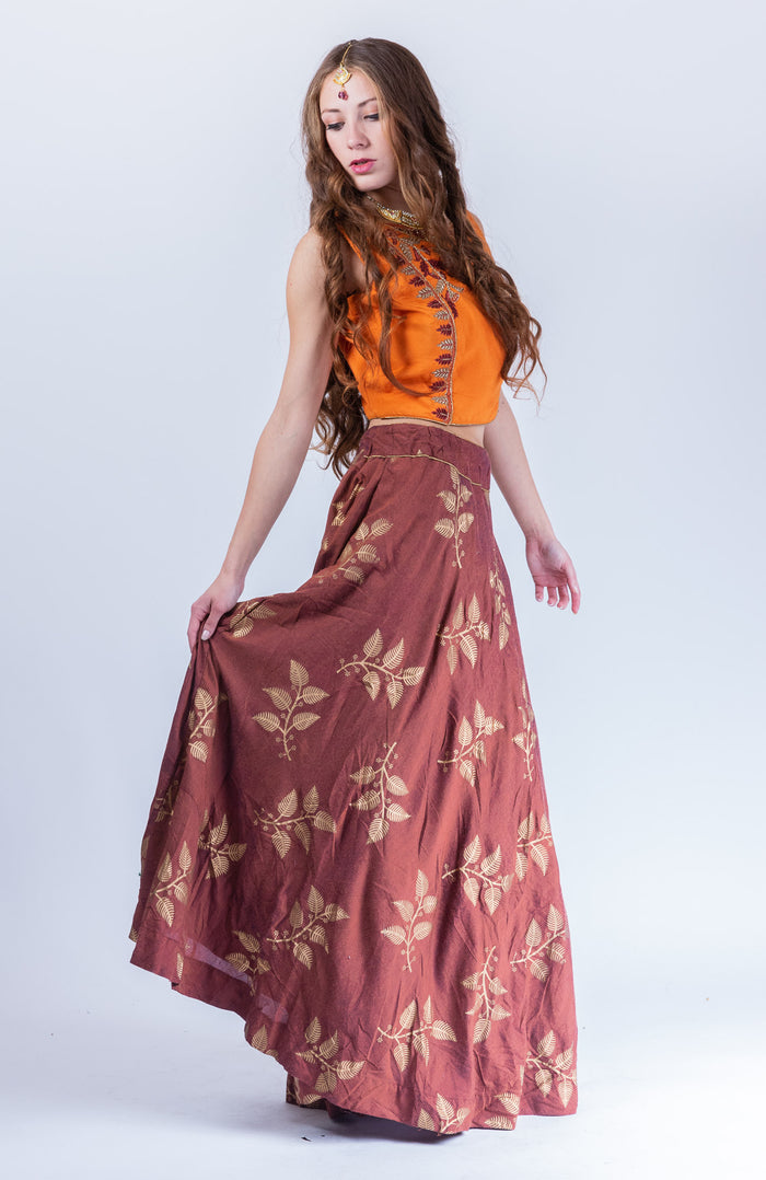 Cotton Silk Cinnamon Brown Block printed Lehenga With embroidered Crop Top