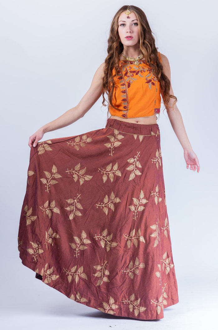 Cotton Silk Cinnamon Brown Block printed Lehenga With embroidered Crop Top