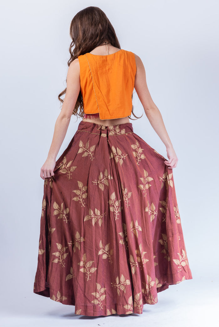 Cotton Silk Cinnamon Brown Block printed Lehenga With embroidered Crop Top