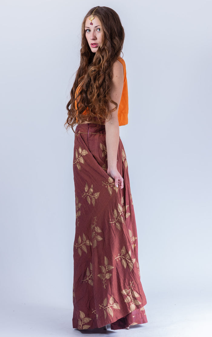 Cotton Silk Cinnamon Brown Block printed Lehenga With embroidered Crop Top