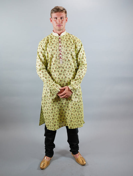 Cotton Silk  Printed Chartreuse Green Men's Kurta