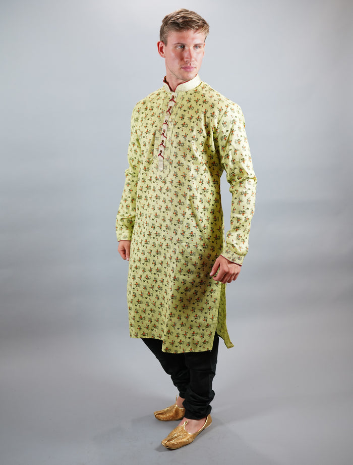 Cotton Silk  Printed Chartreuse Green Men's Kurta