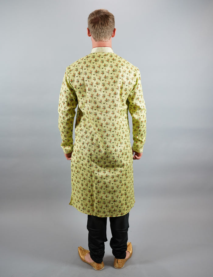 Cotton Silk  Printed Chartreuse Green Men's Kurta