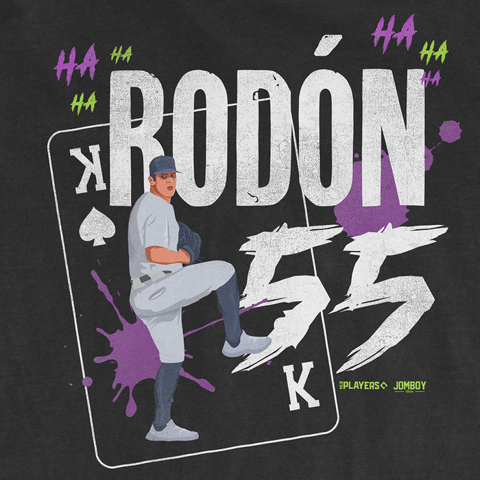 Comfort Colors tee featuring a graphic of a baseball player in a pitching pose, with bold "RODON" text and colorful splashes.