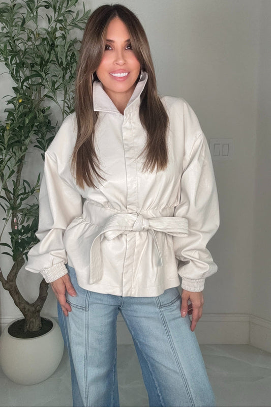 Cream Luxe Belted Faux Leather Jacket - Born To Glam
