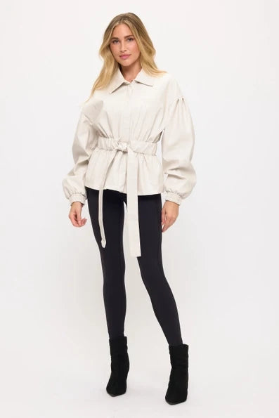 Cream Luxe Belted Faux Leather Jacket - Born To Glam