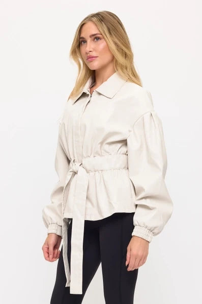 Cream Luxe Belted Faux Leather Jacket - Born To Glam