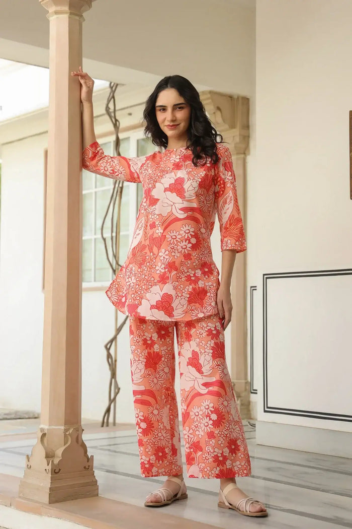 Crimson Garden Cotton Palazzo Loungewear Set