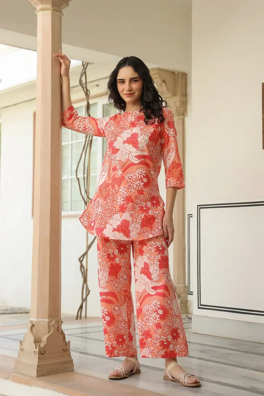 Crimson Garden Cotton Palazzo Loungewear Set